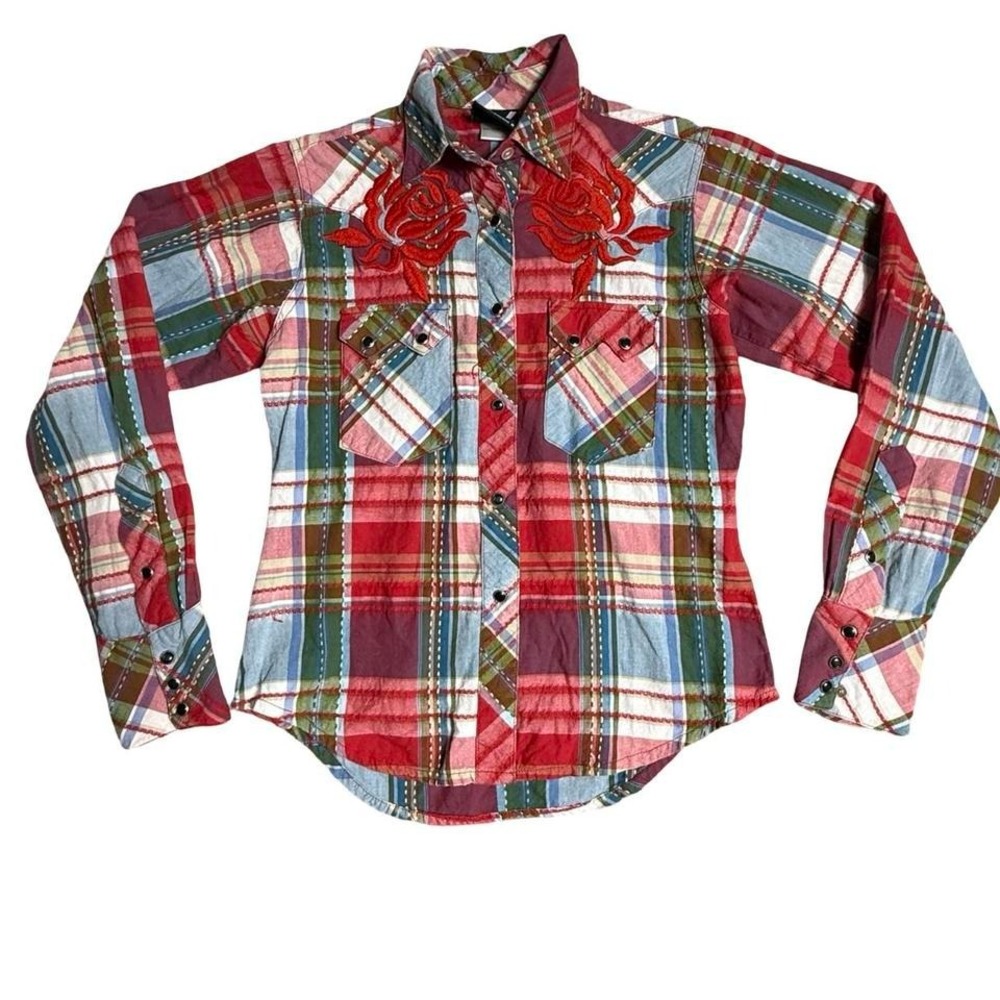 Y2k Mcbling Western Rose plaid flannel shirt rose‎ embroidery black pearl snap S